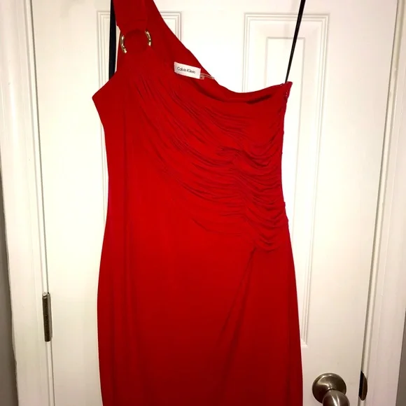 open lace back dress RENEE C - Stretch Satin One Shoulder Dress in Red main image 0